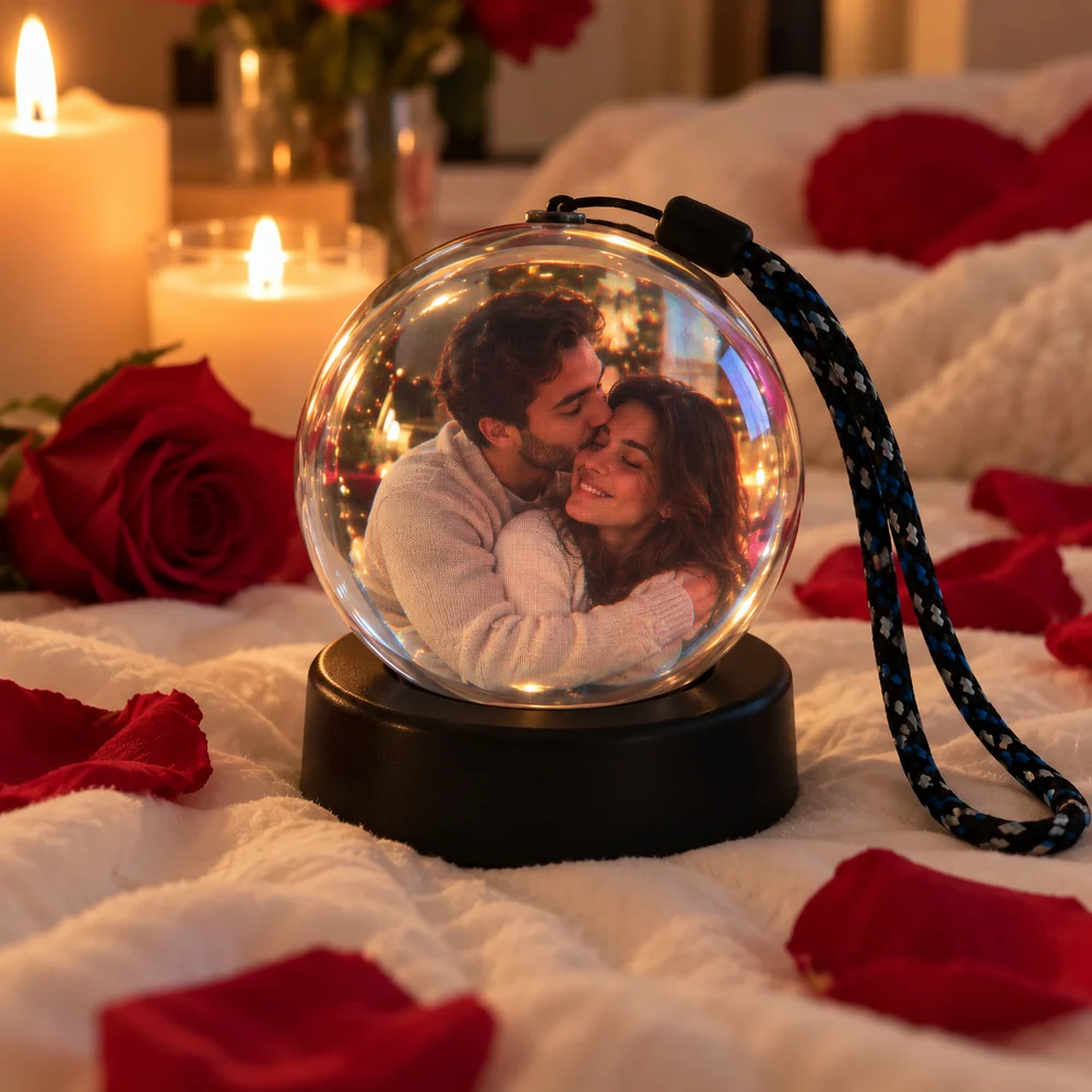 Couple embracing on a sphere display beside roses and candles