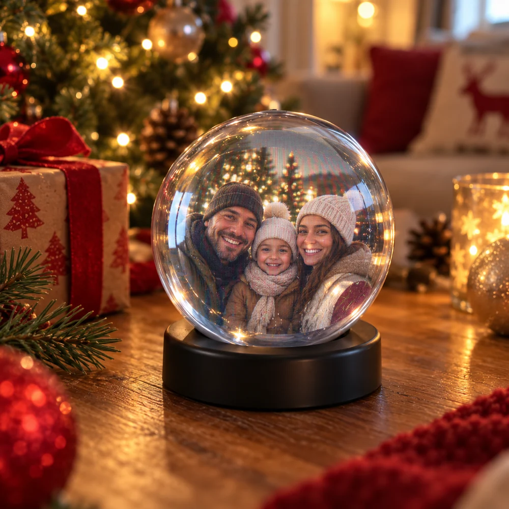 Family portrait on a sphere display beside Christmas decorations