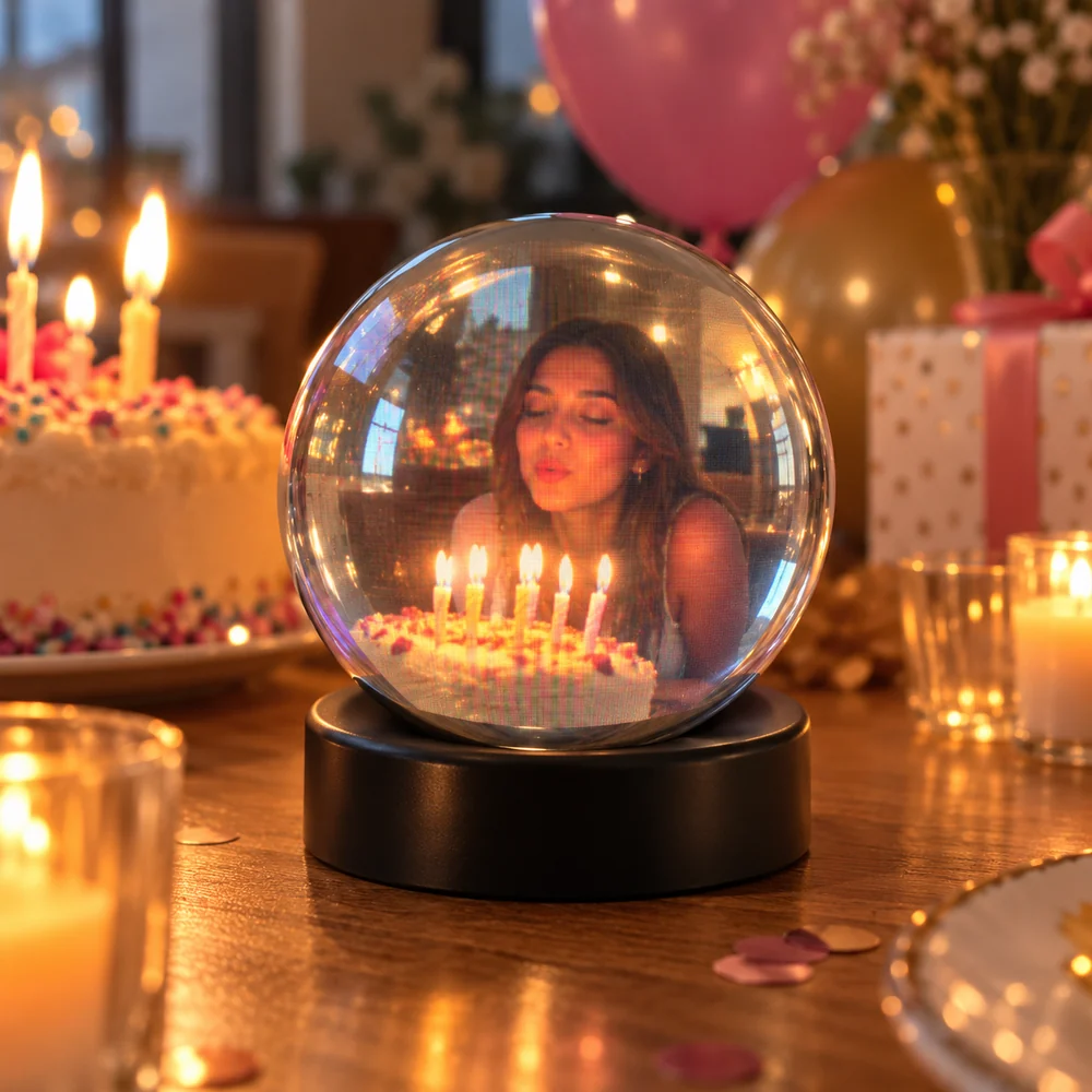 Birthday portrait on a sphere display beside a cake and balloons