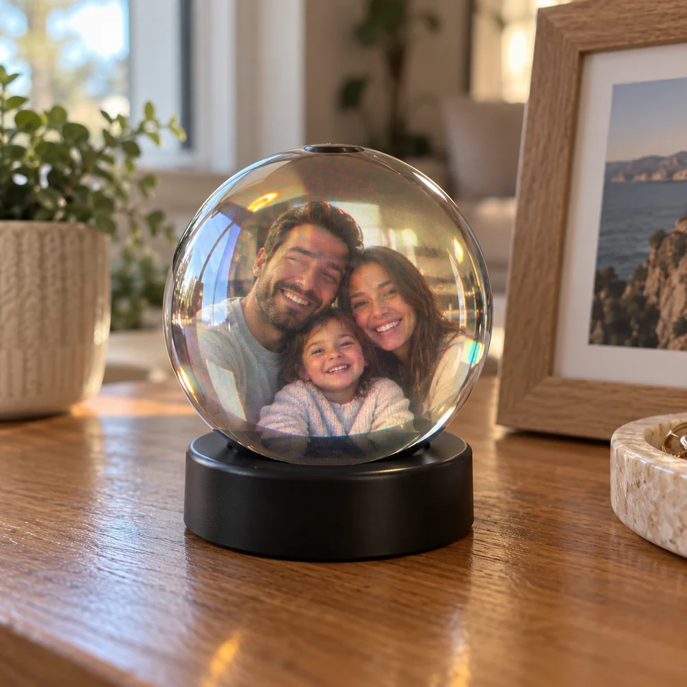 Family with a child on a sphere display in a bright living room