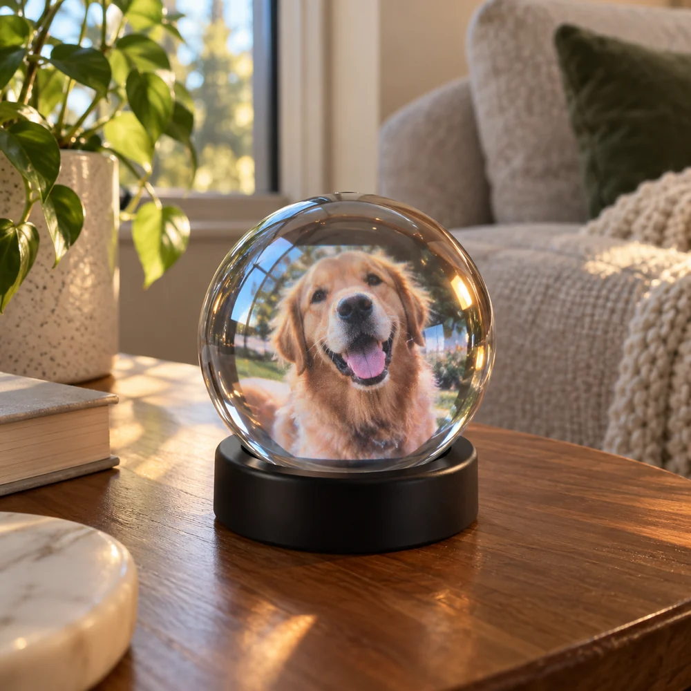 Golden retriever portrait on a sphere display beside a sofa