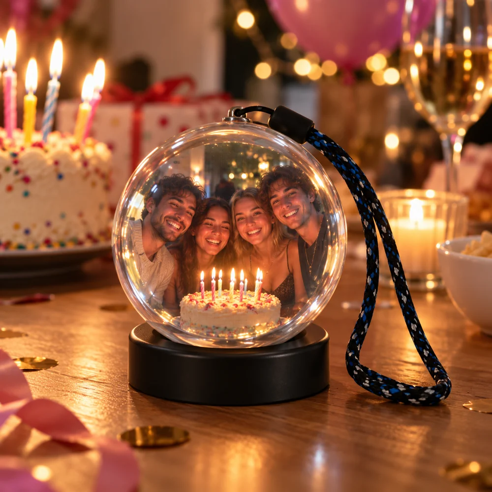 Friends celebrating a birthday on a sphere display beside a cake