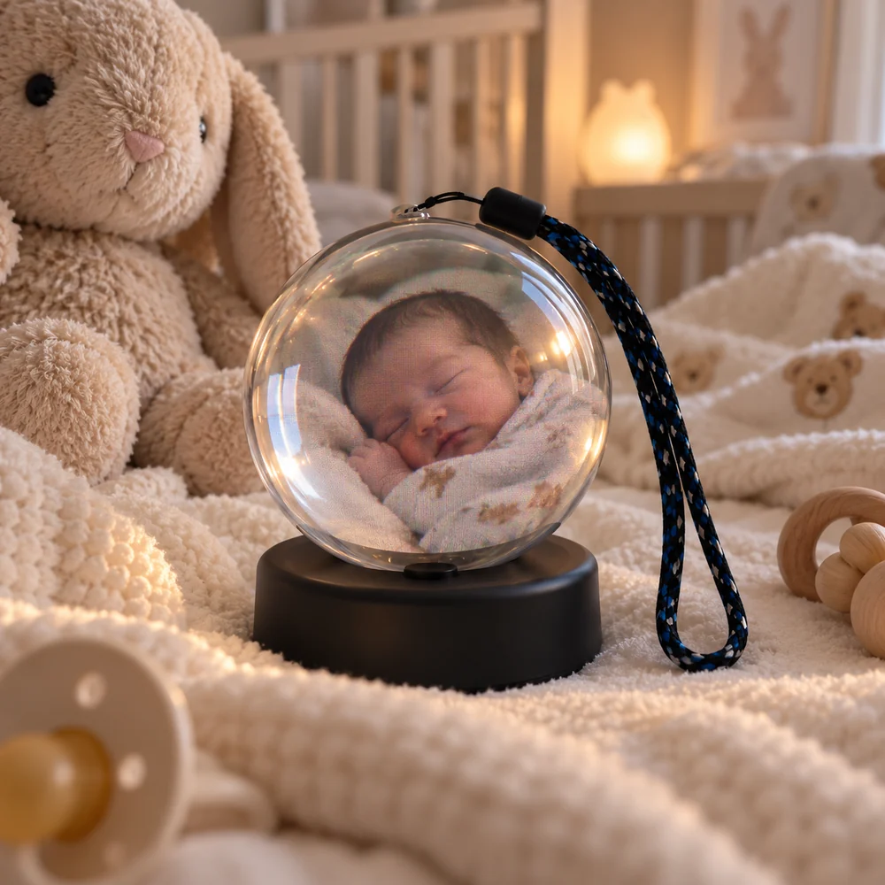 Sleeping newborn on a sphere display beside a plush rabbit
