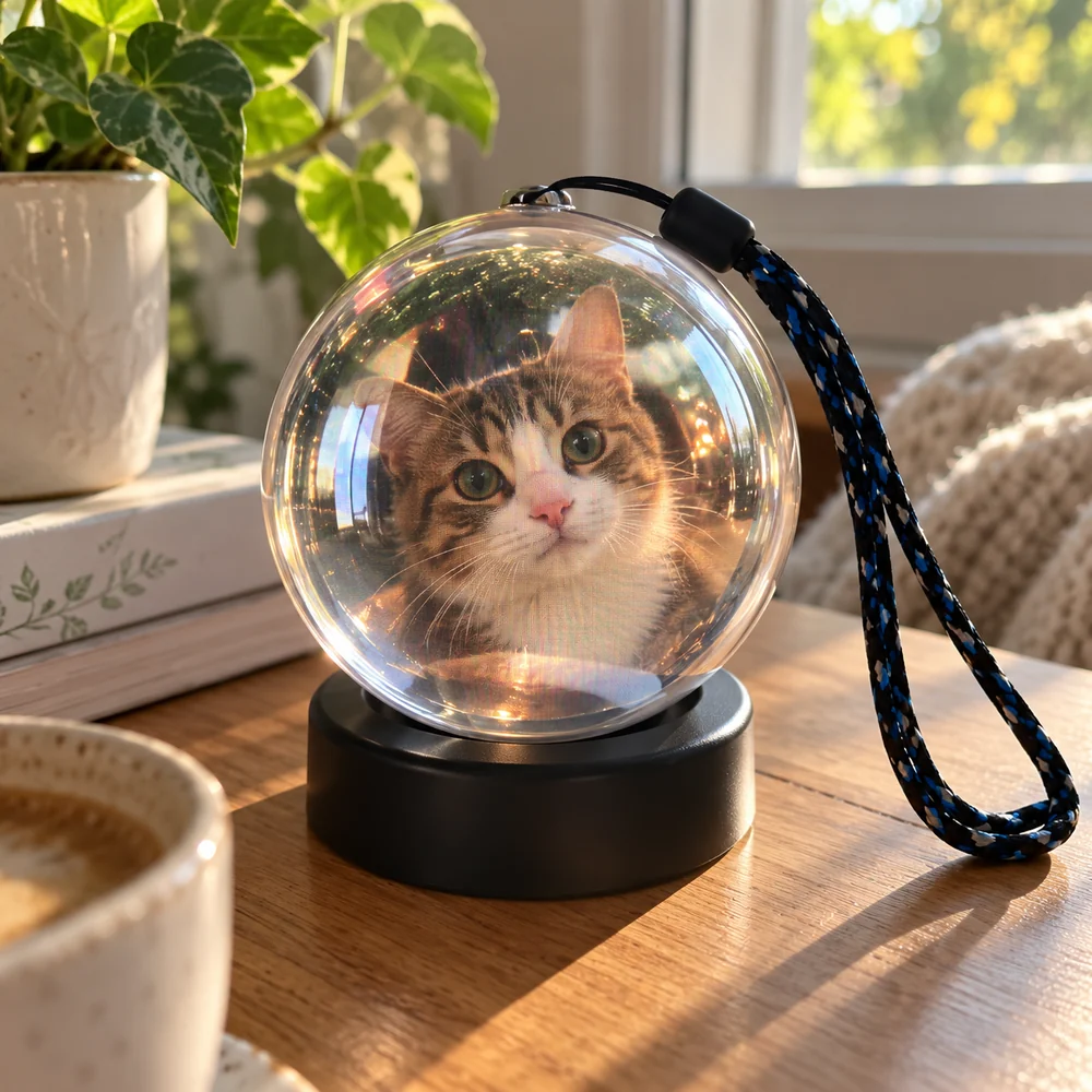 Cat portrait on a sphere display beside a sunny window