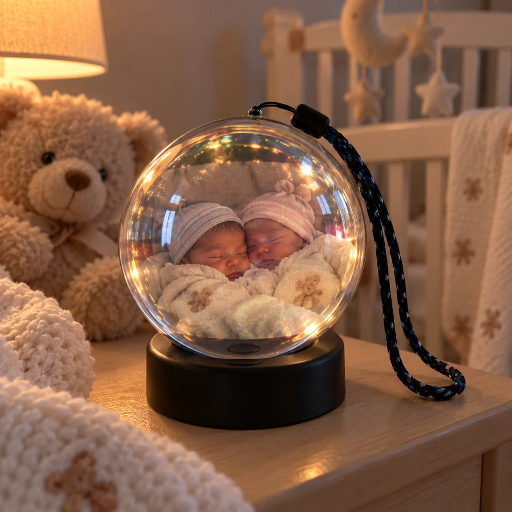 Sleeping baby on a sphere display in a softly lit nursery
