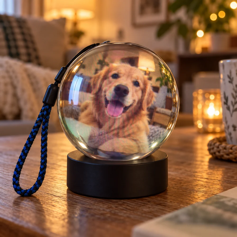 Golden retriever displayed inside a sphere on a black stand