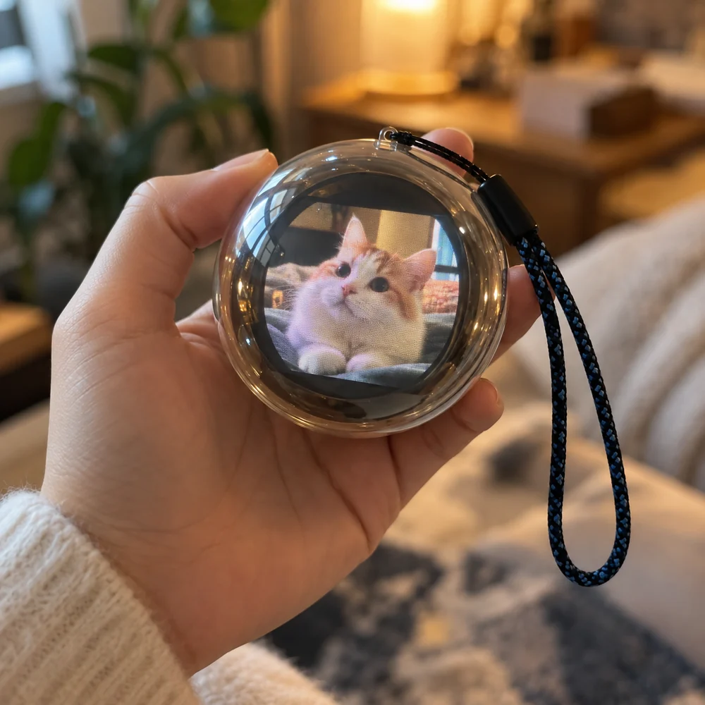 Hand holding a sphere displaying an orange and white kitten