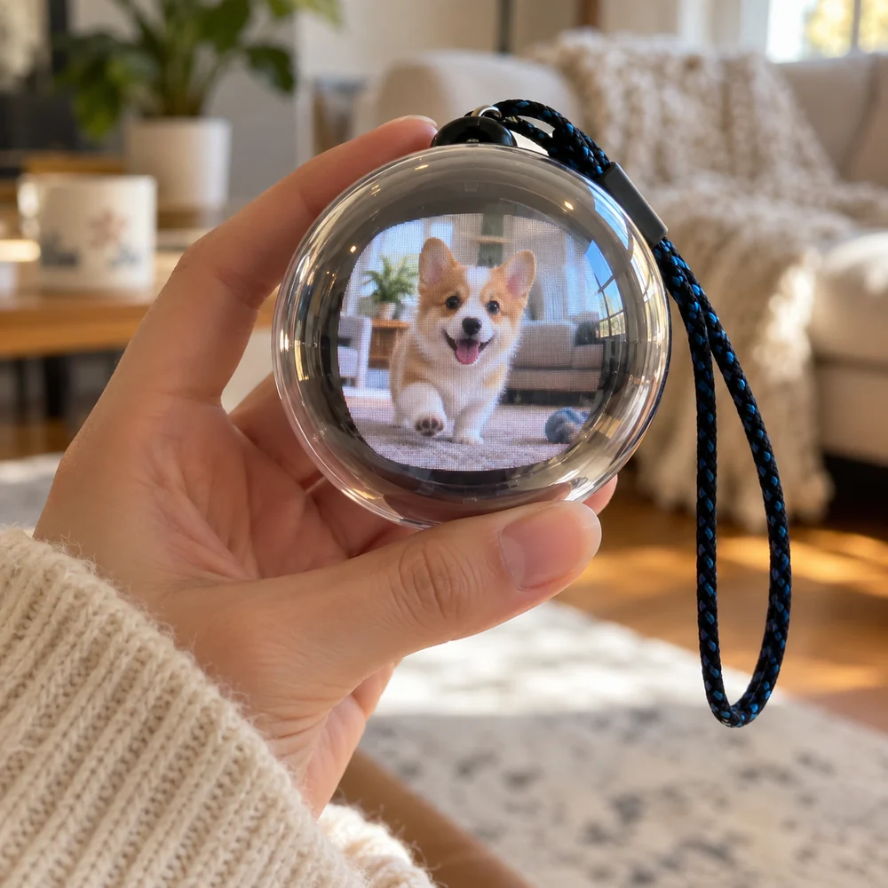 Hand holding a sphere displaying a happy corgi