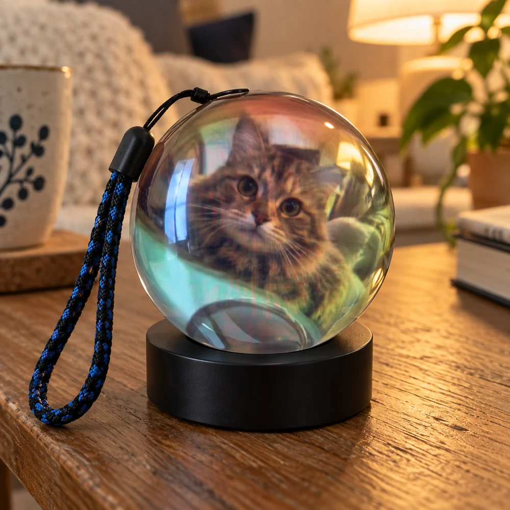 Tabby kitten displayed inside a sphere on a black stand