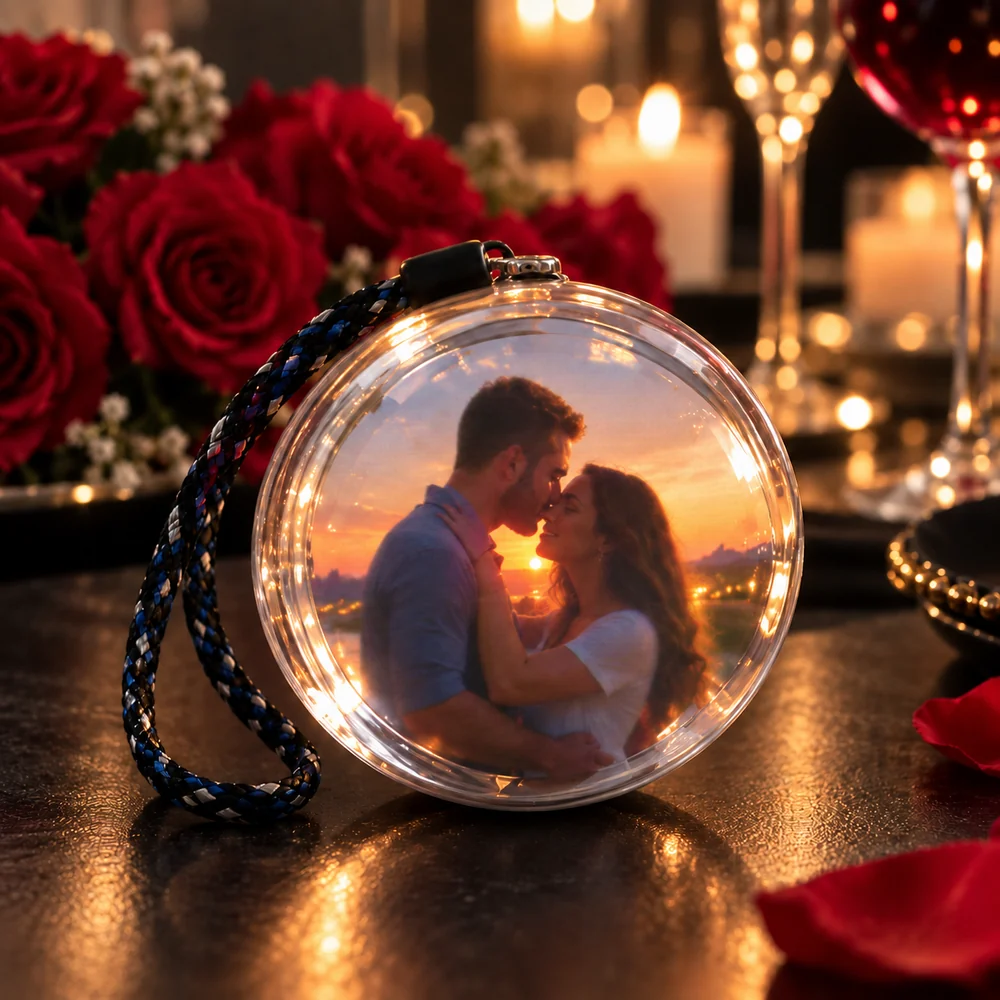 Sphere showing a couple at sunset beside roses and candlelight