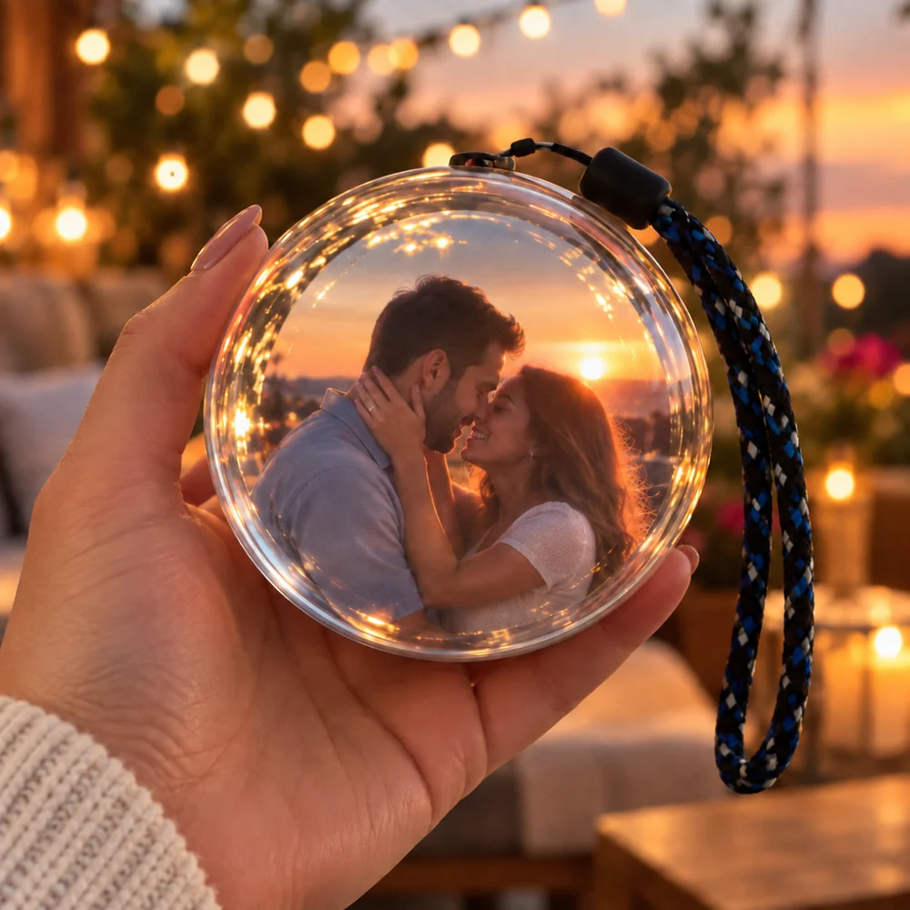 Hand holding a sphere showing a smiling couple at sunset