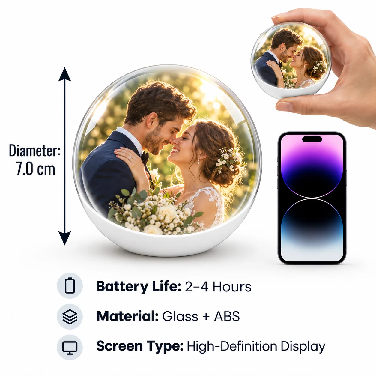 MemoraSphera technical overview: 7 cm diameter, 2–4 hours battery life, glass and ABS, high-definition display