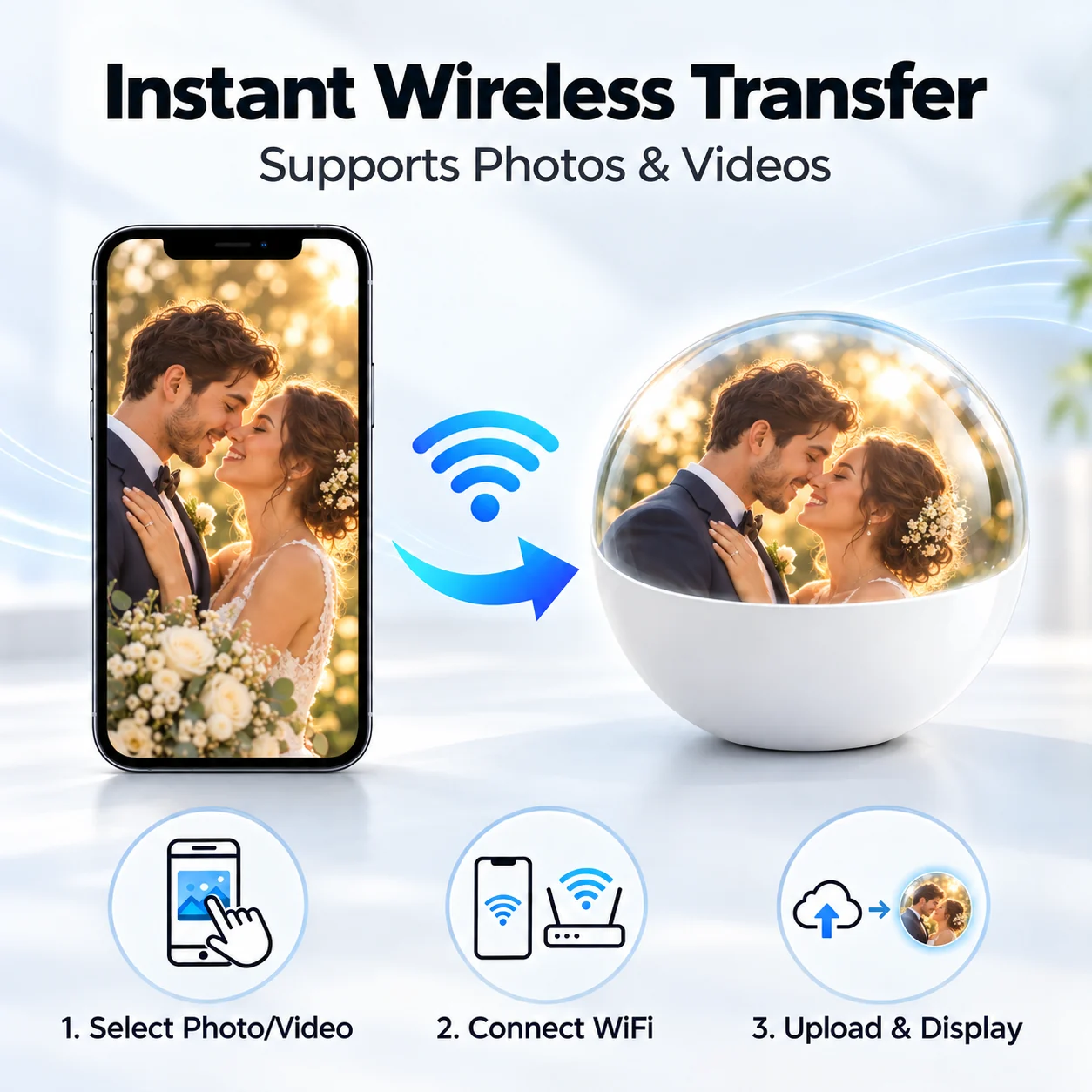 Transfer a photo or video from a phone to your sphere: select content, connect Wi-Fi, upload and display