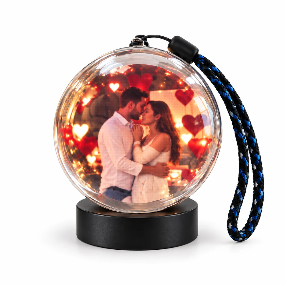 MemoraSphera displaying a romantic memory, with its black display stand and wrist strap